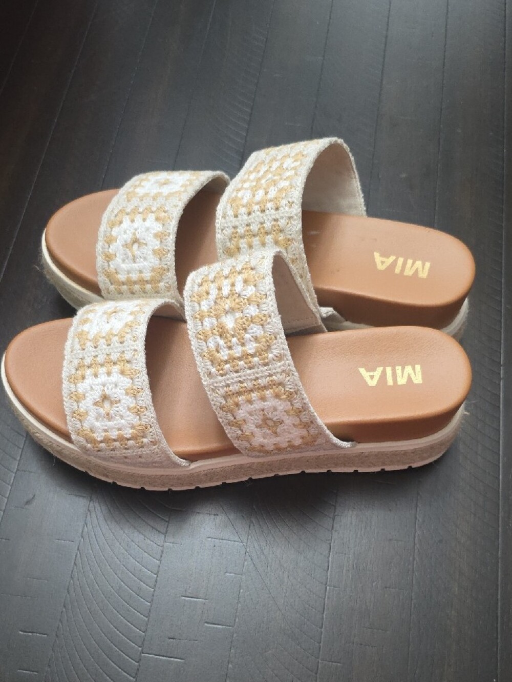 MIA White and Tan Crochet Double-Strap Slide Mules - Picture 2 of 7